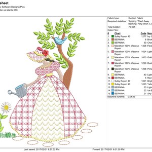 May include: A colorful embroidery design of a woman in a pink dress watering flowers in a garden. The design includes a bird, a tree, and a watering can. The design is 6.00 inches tall and 5.15 inches wide.