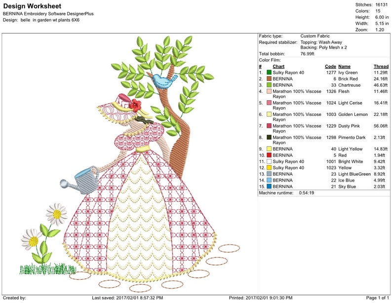 May include: A colorful embroidery design of a woman in a pink dress watering flowers in a garden. The design includes a bird, a tree, and a watering can. The design is 6.00 inches tall and 5.15 inches wide.