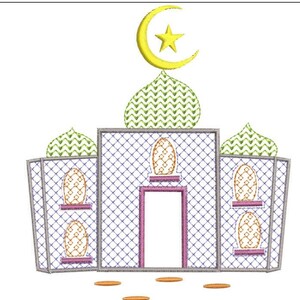 May include: A colorful illustration of a mosque with a crescent moon and star on top. The mosque has a gray exterior with purple doors and windows. The windows are decorated with orange and yellow patterns. There are orange and yellow steps in front of the mosque.