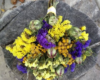 Dried blue yellow bouquet  Dried flower bunch Real dried flowers Rustic home decor Rustic wedding bouquet Dry wedding bouquet Vase filler