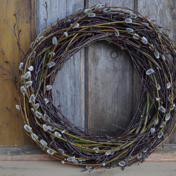 Spring twig and pussy willow wreath, natural Easter front door wreath, Birch twig wreath, Rustic spring wreath