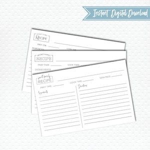 PRINTABLE Modern Style Secret Family Recipe 4 inch by 6 inch Recipe Cards
