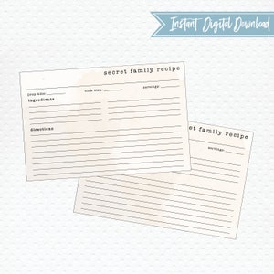 PRINTABLE Vintage Style Secret Family Recipe 4 inch by 6 inch Recipe Cards