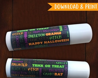 IMPRIMABLE Halloween Word Collage baume à lèvres Lip Balm étiquette autocollante - personnalisé à la demande