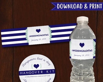 PRINTABLE Round Circle Hangover Kit Sticker et étiquettes de bouteille d'eau assorties pour bouteilles de 16 oz et 8 oz - PDF modifiable