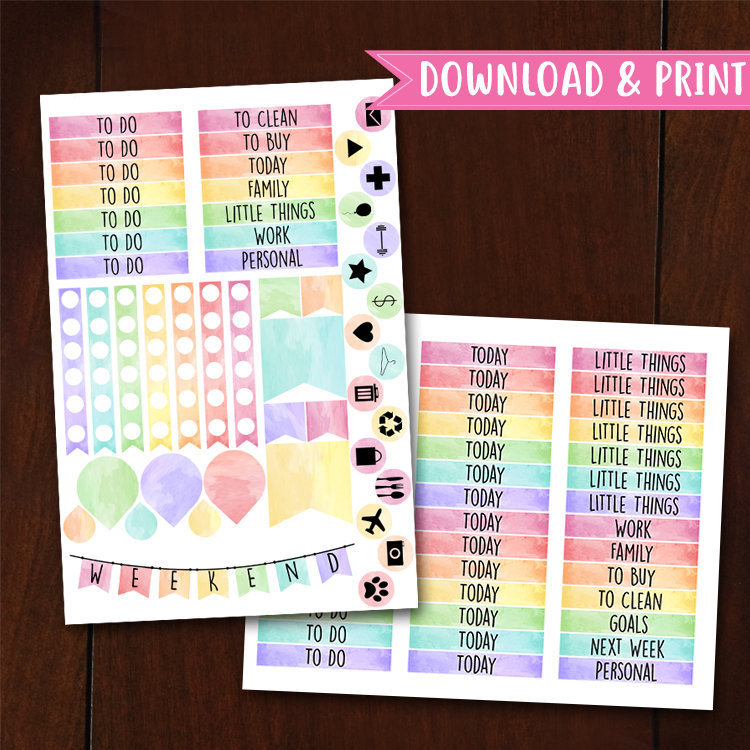PRINTABLE Rainbow Pastel Watercolor Erin Condren Life Planner Sticker ...