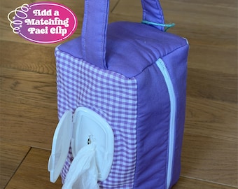 Pochette cacahuète vichy violet clair - Sac pour bébés et tout-petits avec anse, trou pour essuyer et porte-clés