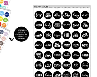 Wordy Circles Black & White Printable Stickers for Planning, Scrapbooking, Journaling
