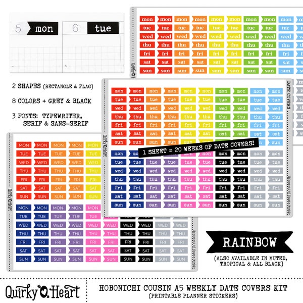 Printable Date Covers for Hobonichi Cousin A5 Weekly Planner Stickers for planning journaling