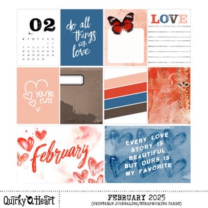 Cartes de journalisation imprimables de février 2025 pour le scrapbooking, la journalisation artistique, les agendas et la création