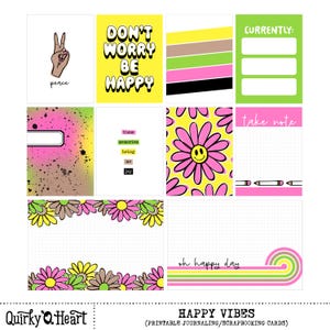 Cartes de journalisation imprimables Happy Vibes pour scrapbooking, journalisation artistique, agendas, travaux manuels