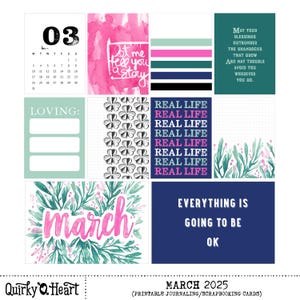 Cartes de journalisation imprimables de mars 2025 pour le scrapbooking, la journalisation artistique, les agendas et la création