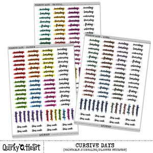 May include: Printable planner stickers with cursive days of the week in rainbow, tropical, and muted color palettes. Each sticker has a colorful brushstroke background.