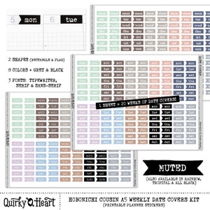 Capas de data imprimíveis para Hobonichi Cousin A5 Adesivos de planejador semanal para planejamento de diário