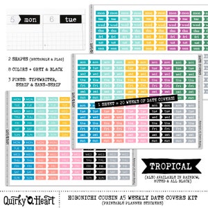 Capas de data imprimíveis para Hobonichi Cousin A5 Adesivos de planejador semanal para planejamento de diário