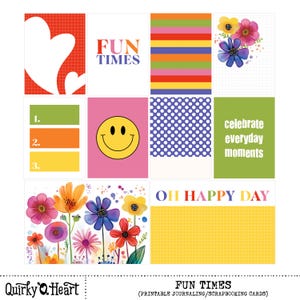 Puede incluir: Una colección de tarjetas de diario y scrapbooking coloridas. Los diseños incluyen una carita sonriente, ilustraciones florales, rayas, lunares, corazones y las frases "FUN TIMES", "celebrate everyday moments" y "OH HAPPY DAY".