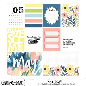 Cartes de journalisation imprimables de mai 2025 pour le scrapbooking, la journalisation artistique, les agendas et la création