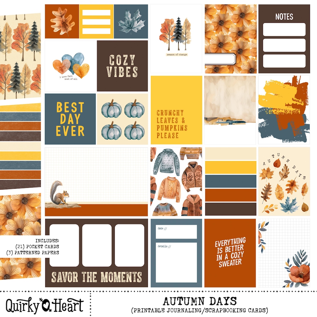 Autumn Days Printable Journaling Cards for Scrapbooking, Art Journaling ...
