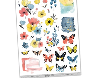 May include: A sheet of printable planner stickers featuring watercolor illustrations of spring flowers, butterflies, and abstract shapes in shades of blue, yellow, pink, and green. The text "SPRING FLORALS" appears at the top and bottom of the sheet.  "(PRINTABLE JOURNALING/PLANNER STICKERS)" appears at the bottom of the sheet.