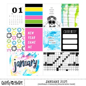 Cartes de journalisation imprimables de janvier 2025 pour le scrapbooking, la journalisation artistique, les agendas et la création