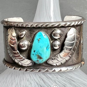 Cuff Bracelet Navaho ~ STERLING SILVER TURQUOISE ~ Vintage Navaho Artist Designer, Agnes Platero ~ Large Unisex Cuff Bracelet ~ 116 Grams