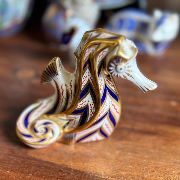 ROYAL CROWN DERBY ~ Porcelain Seahorse ~ Paperweight With Silver Plug ~ Mint Condition, No Issues ~ No Box, Will Arrive in Velvet Gift Bag