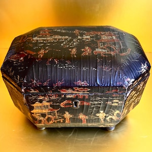 ANTIQUE TEA CADDY ~ Chinese Design Tea Caddy With Etched Pewter Tea Canisters ~ An Exquisite Piece For Collectors Of Chinese Artifacts