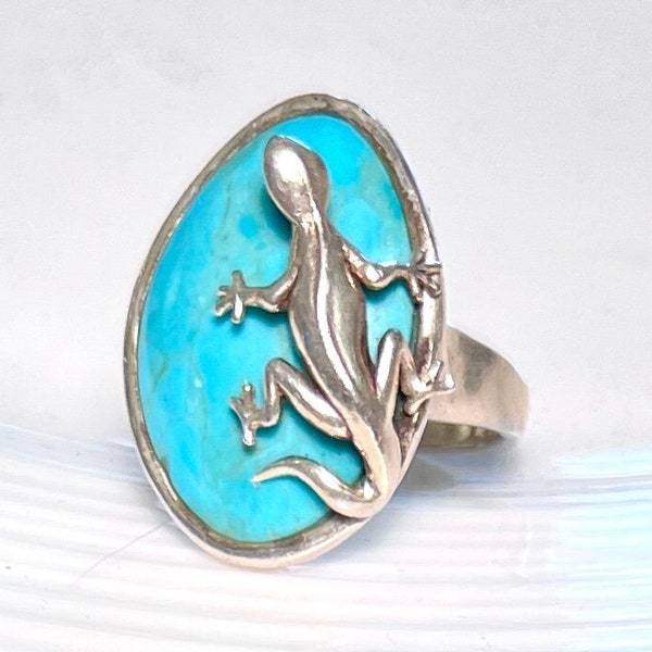 TURQUOISE STERLING SILVER Lizard Ring ~ Vintage Statement Barse Thailand Reptile Ring, Size 7-7.5, In Gift Giving Condition, Velvet Gift Bag