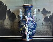 CHINESE FERTILITY JAR Vintage Chinese Famille Rose Jar With Children Climbing To The Top Molded Vintage Porcelain 20th Century