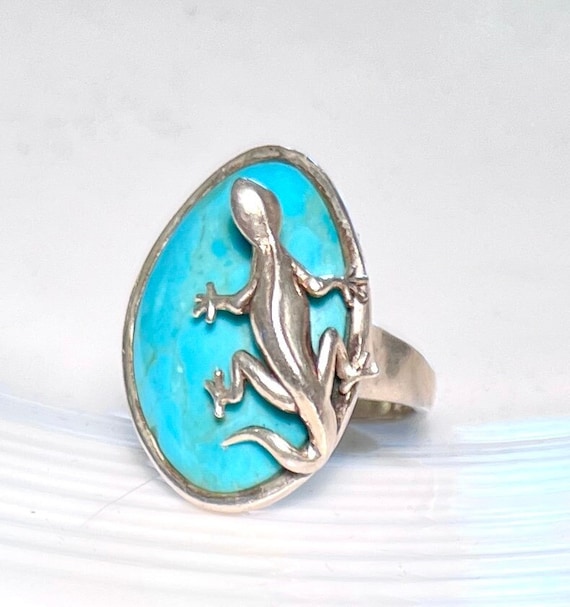 TURQUOISE STERLING SILVER Lizard Ring ~ Vintage S… - image 1