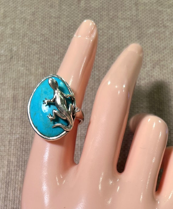TURQUOISE STERLING SILVER Lizard Ring ~ Vintage S… - image 4