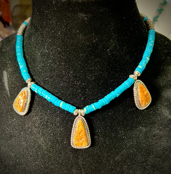 TURQUOISE, SPINY OYSTER, Sterling Silver Necklace, Running Bear Jewelry, Heishe Turquoise, Sterling Silver Beads, 3 Spiny Oyster Pendants