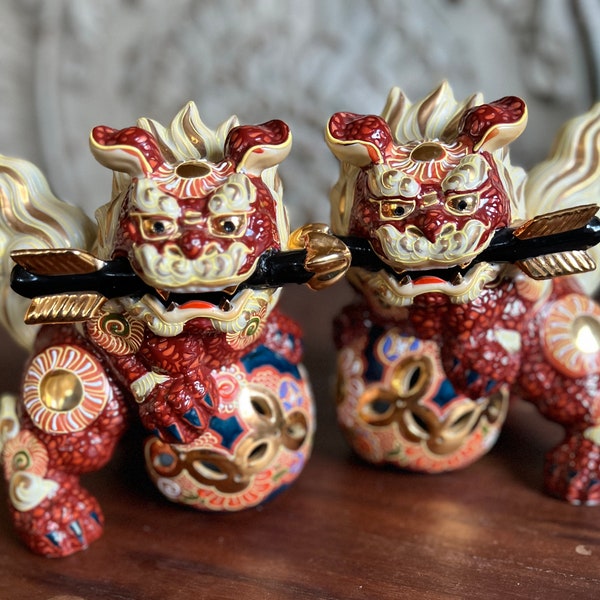 FOO DOGS ~ Pair Of Vintage Kutani Shishi Foo Lion Dogs ~ Hand Painted Porcelain ~ Pair Of Deep Rust Red And Gold Guardian Dogs