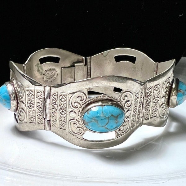 HECHO en MEXICO ~ Vintage Sterling Silver Turquoise Art Glass 5 Panel Bracelet, Excellent Vintage Condition ~ 7 Inches Long ~ Open Box Clasp