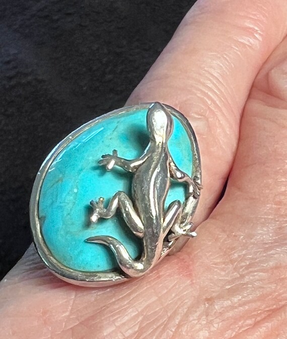 TURQUOISE STERLING SILVER Lizard Ring ~ Vintage S… - image 5