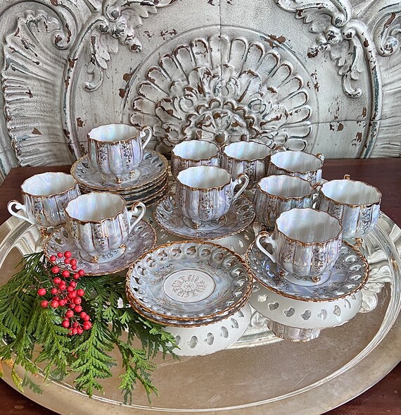 KUDO TOKI CHINA ~ Tea Cups and Saucers ~ Opalescent
