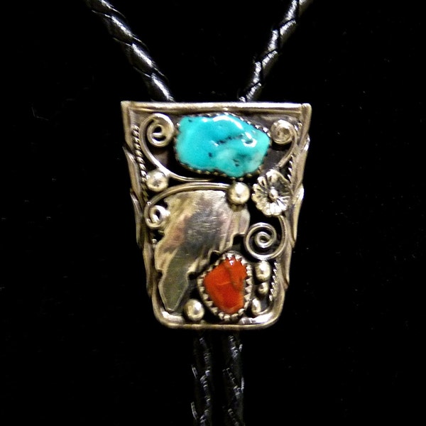 BOLO TIE ~ Hallmarked W A ~ Navajo Silversmith William Anderson ~ Sterling Silver ~ Turquoise and Coral