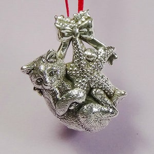 Kitten and Starfish Ornament, Cat Lover Gift for Her or Him, Sterling