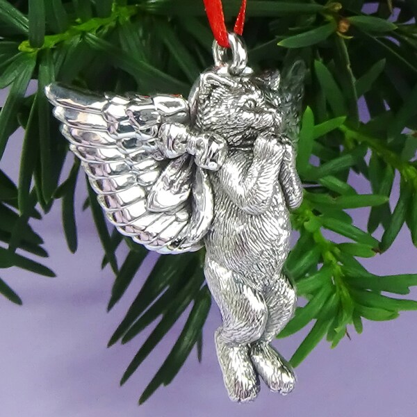 Kitten Angel Christmas Ornament Sterling Silver, Cat Lover Gift, Silver Angel Cat Ornament, Handmade Sterling Silver Fine Cat Collectible