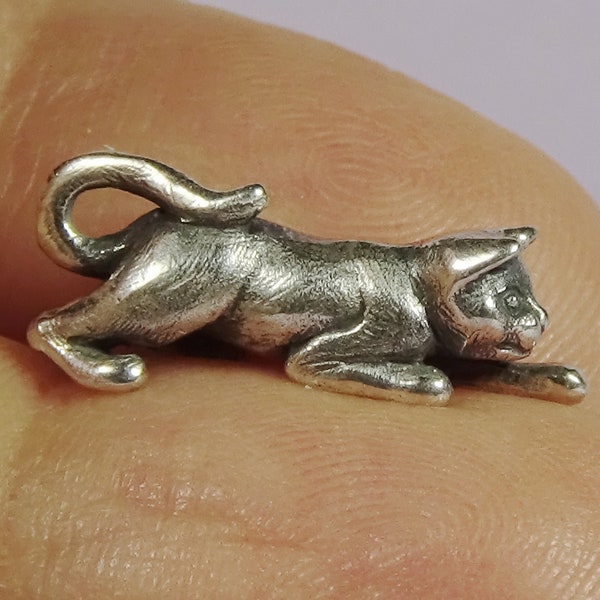 Silver Crawling Cat Pendant, Sterling Silver Creeping Cat Pendant, Cat Lover Gift for Her, Hand Sculpted Solid Kitten with an Up-turned Tail