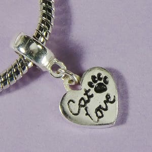 Sterling Silver Bead w Heart Charm Slide, &quot;Cat love&quot; with Kitten Paw Print Charm Slide for Charm Bracelet or Charm Necklace, Cat Lover Gift