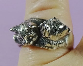 Kitten Twins Ring Sterling Silver, Cat Lover Gift, Statement Cat Ring, Handmade Sterling Silver Kitten Ring, 2 Kitten Statement Silver Ring