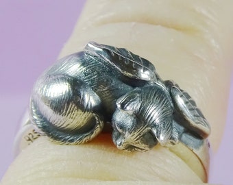Sleeping Cat Angel Ring, Angel Cat Ring Sterling Silver, Cat Lover Gift for Her, Silver Cat Statement Ring, Handmade Angel Cat Jewelry