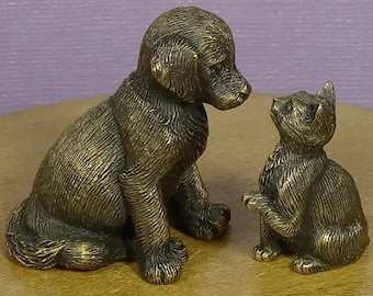 Kitten w Puppy Pair Bronze Figurines, Cat n Dog Lovers Gift, Handmade Kitten n Puppy Figurines,  Bronze Figurine Set For Dual Pet Household