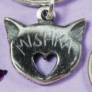 Personalized Cat Charm for Bracelet,Cat Lover Gift for Her,Sterling Silver Cat Head with Heart Charm,Cat of Mine Personalized Cat Jewelry