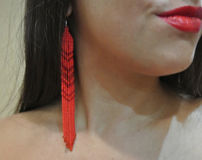 6'' Red Beaded Earrings passion Long Native American Beaded Earrings ...