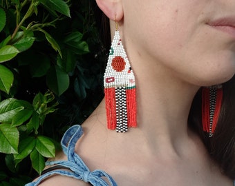 Red Seed Bead earrings, Bright statement, Abstract Bead Fringe Earrings, Long beaded earrings, Contemporary jewelry, Boho, Сhic jewelry