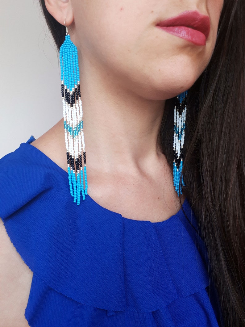Long Native American Beaded Earrings Blue Seed Bead Earrings Etsy
