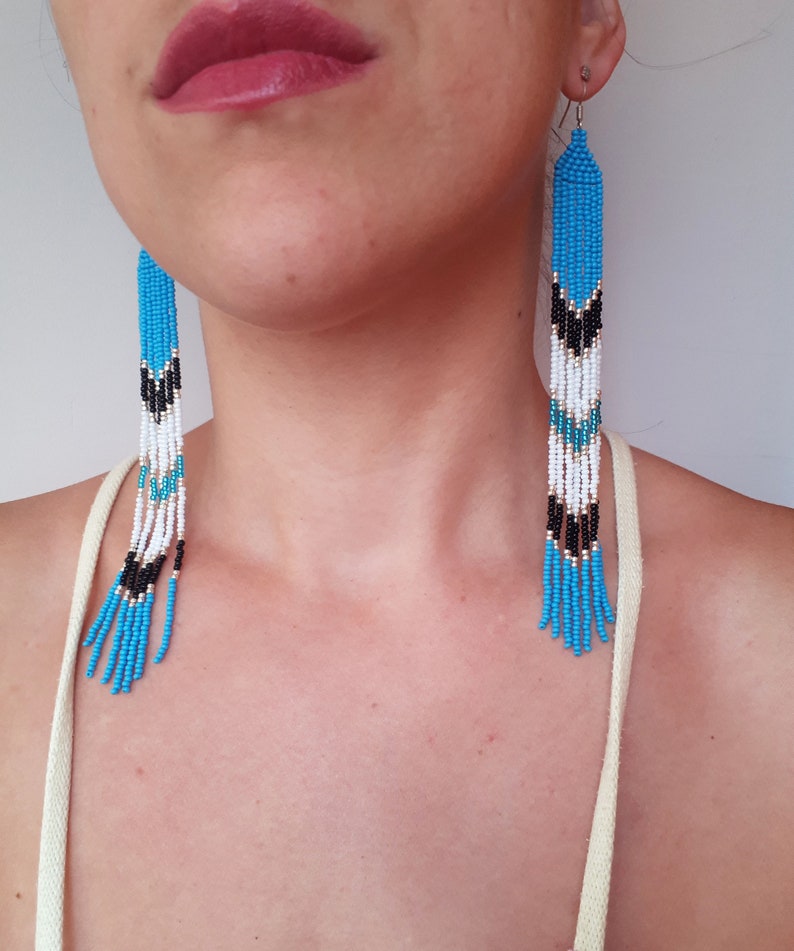 Long Native American Beaded Earrings Blue Seed Bead Earrings Etsy