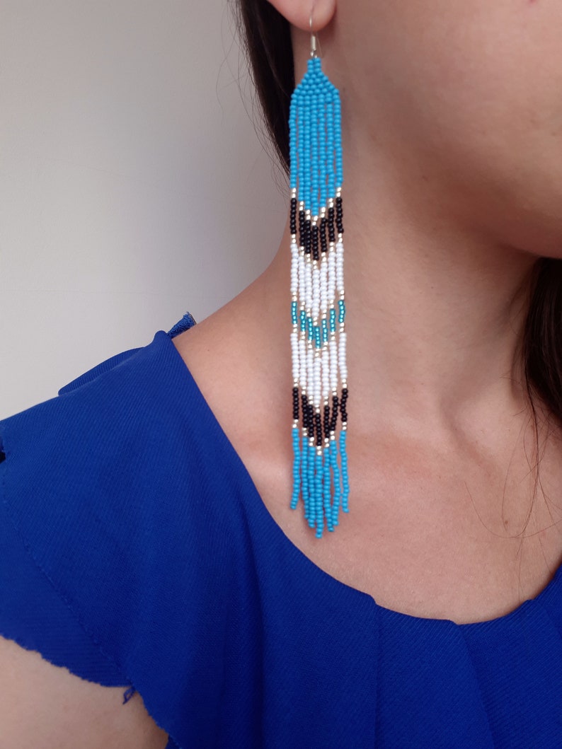 Long Native American Beaded Earrings Blue Seed Bead Earrings Etsy